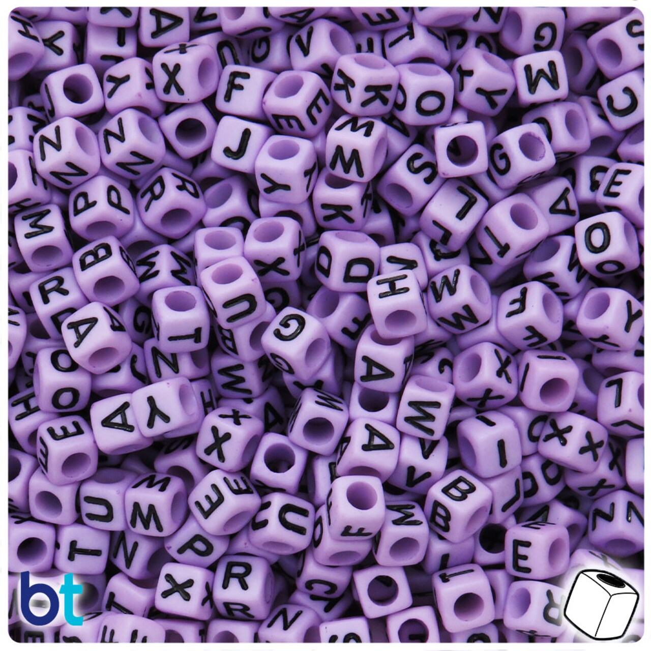 BeadTin Light Purple Opaque 6mm Cube Plastic Alpha Beads - Black Letter Mix (200pcs)